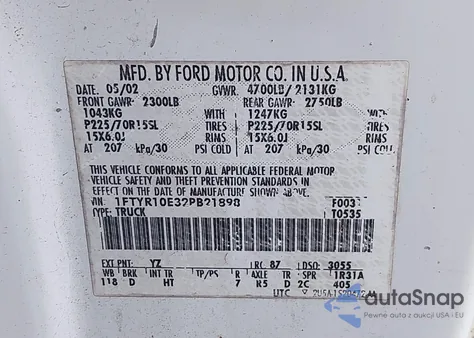 2002 Ford Ranger Unique Fleet z USA, uszkodzony, nr VIN 1FTYR10E32PB21898